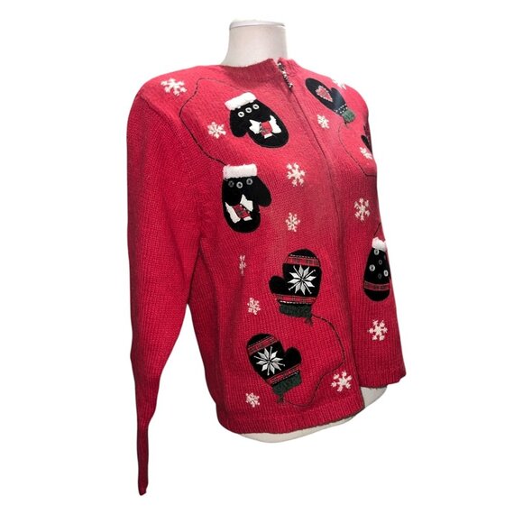 Christmas Winter Wool Cardigan Sweater Medium Red Mitten & Snowflake Design Crof - Picture 1 of 11